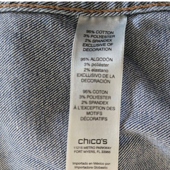 Chicos Size 2 Womens Medium Blue Denim Jacket Rounded Hem Lace Detail - Picture 9 of 10